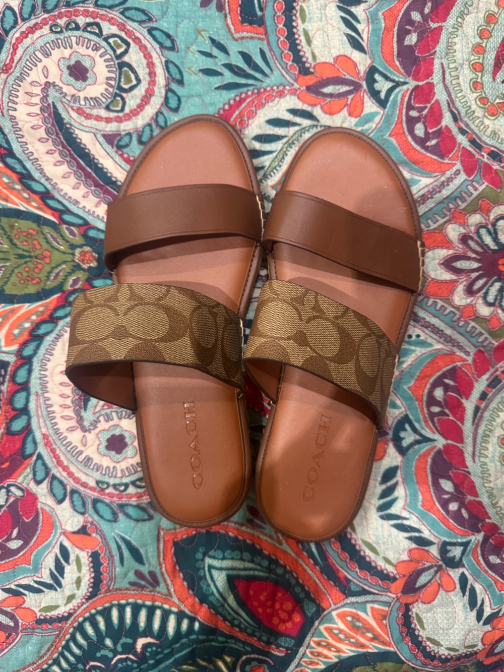 Coach Brown Signature Canvas and Leather Slide Sandals